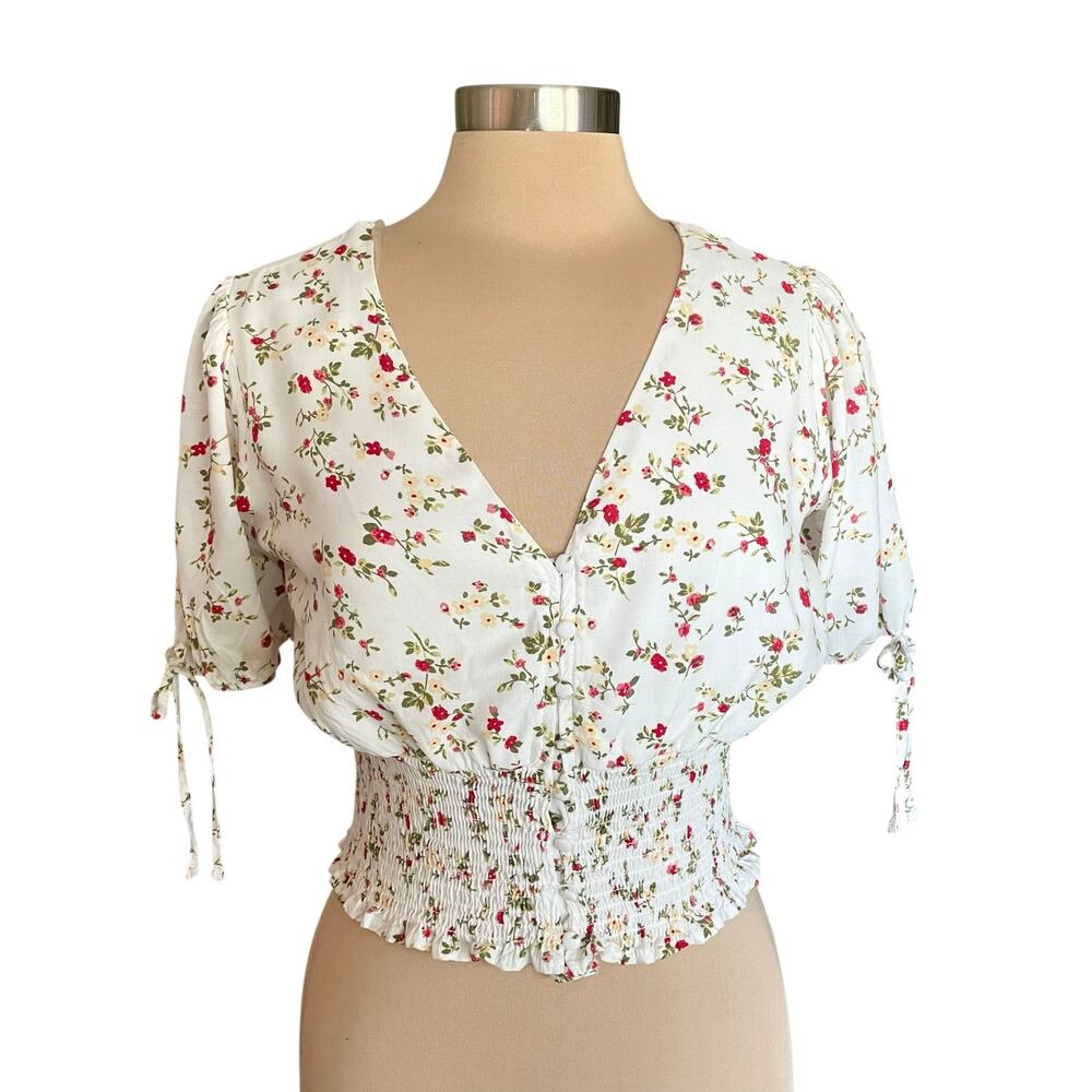 J for Justify Ditsy Floral Crop Top Smocked Waist LRG Milkmaid Coquette Romantic